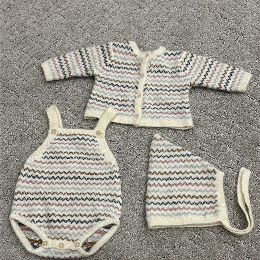 Zara Cream Knit Baby Matching Set with Multicolor Zigzag Stripes